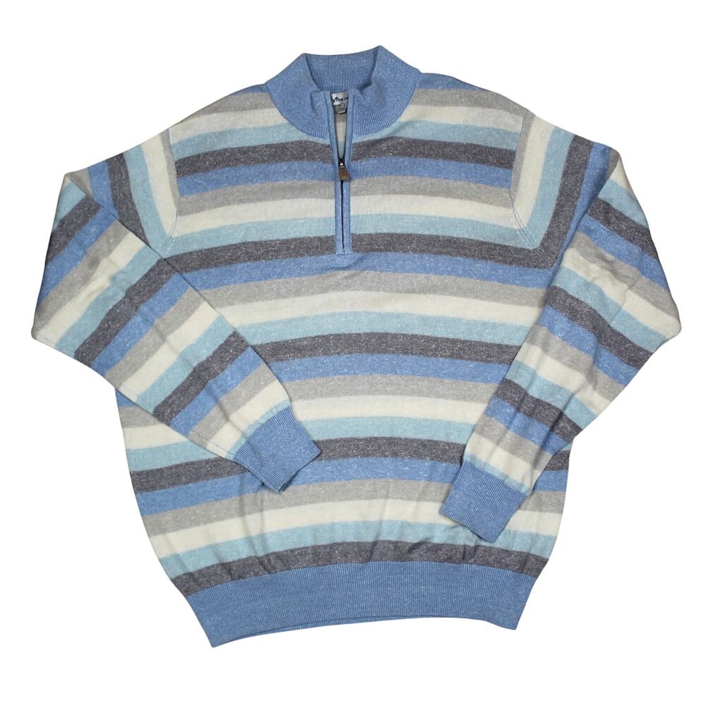 Peter Millar Sweater Mens Large Blue Striped Merino Wool Linen Golf Preppy